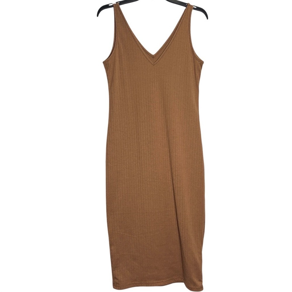 Bodycon Dress Womens Large Brown Ribbed V-Neck Sleeveless Midi